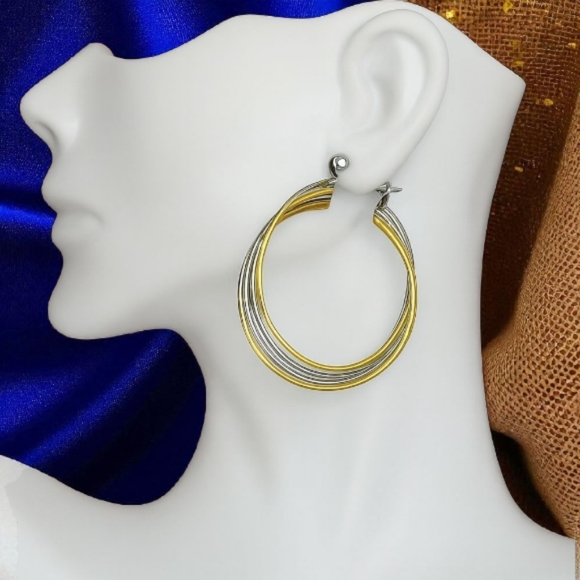 🆕️ Tri-Color 18K Gold Plated Stainless Steel Hoop Earrings Stylish Versatile - Picture 15 of 15